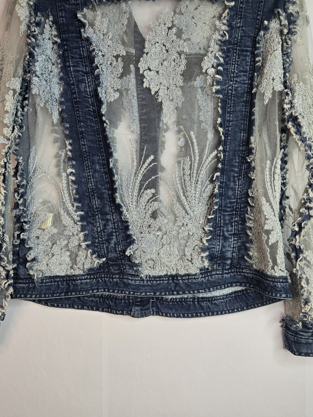 John Mark Women Size S Denim & Lace Cutout Button front Jacket, Patch Pockets - Picture 10 of 13